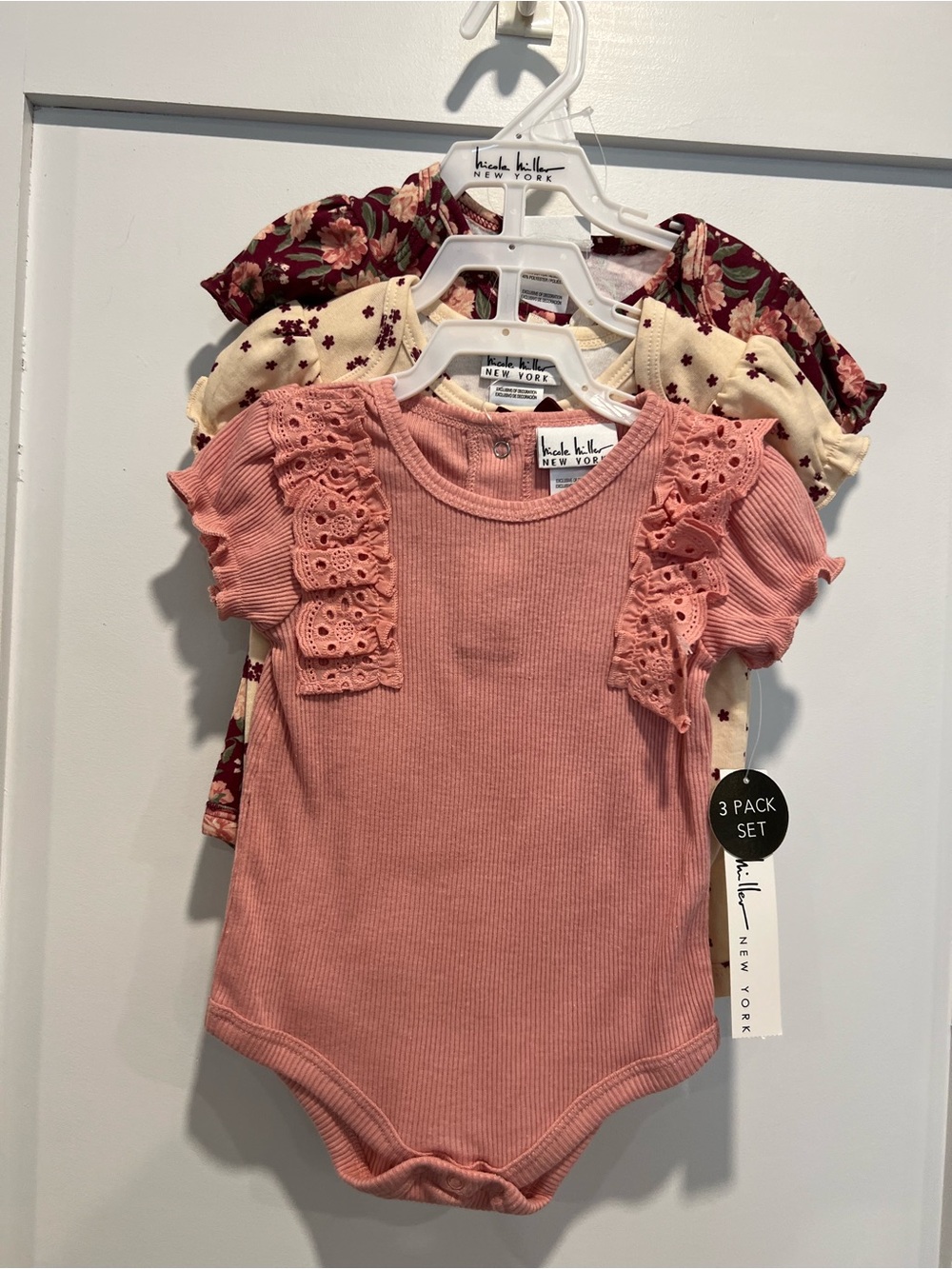 Nicole Miller Baby Girls 3-Pack One-Piece Set - Pink, Cream, Burgundy Floral